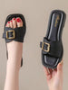 Women's Summer Sandals, Young Women, Summer Elegant Minimalist, Women's Sandals, Flat Sandals, Gold Square Buckle Trim Design, Slippers, Thick Soft Cushion Footbed, Black Sandals, Suitable For City Daily Holiday, Outdoor Scene Outfit, Sandals