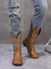Fall/Winter Plus Size Men Square Toe Wide-Last Western Boots, Chunky Heel Cowboy Boots With Laser Embroidery, Brown