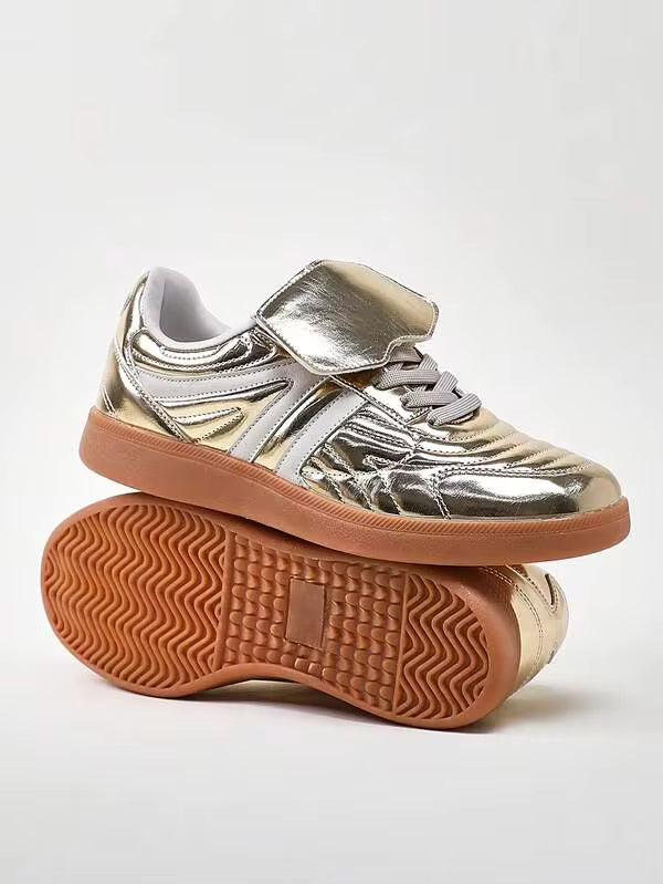 Solezae Women's Fold-Over Tongue Round Toe Gum Sole Low-Top PU Gold Sneakers– Comfortable, Versatile, And Stylish Summer Shoes Spring Shoes Easter Trainers Mother's Day Present For Christmas Valentine's Day