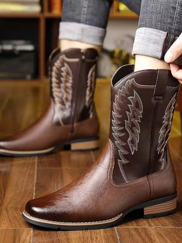 Dark Brown PU Stitch Pattern Western Boots, Men Mid Calf Square Toe Slip On Casual Ranch Riding Boots