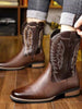 Dark Brown PU Stitch Pattern Western Boots, Men Mid Calf Square Toe Slip On Casual Ranch Riding Boots